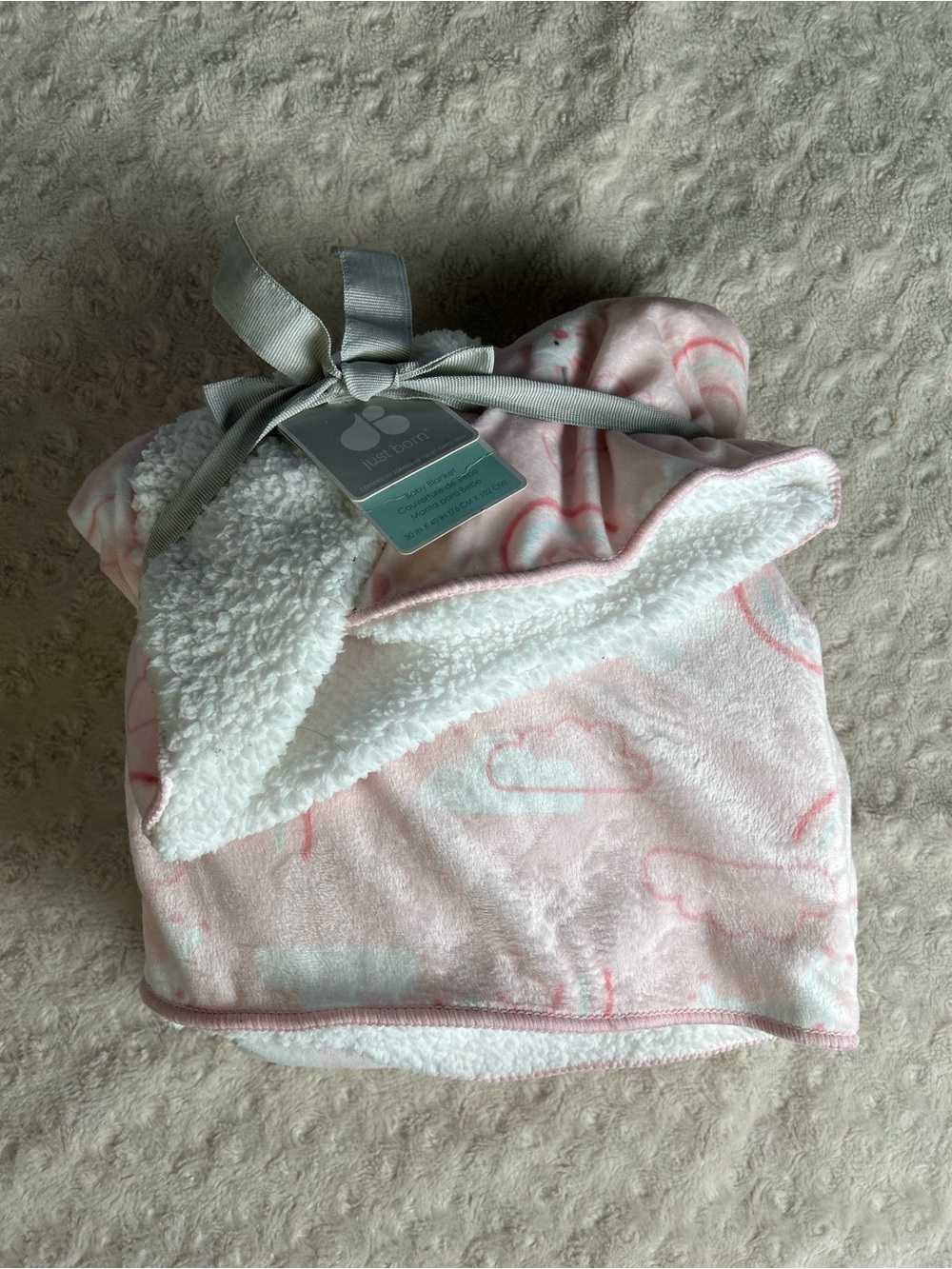 Just Born Pink Unicorn Rainbow Baby Blanket White Sherpa Clouds Security Lovey